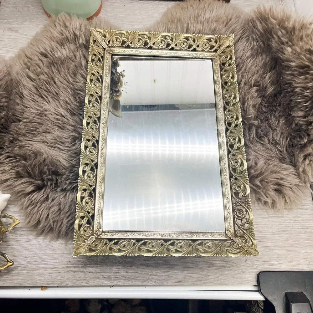 Vintage Ornate Filigree Mirror Tray: Hollywood Regency‎ Vanity Decor (10x15)